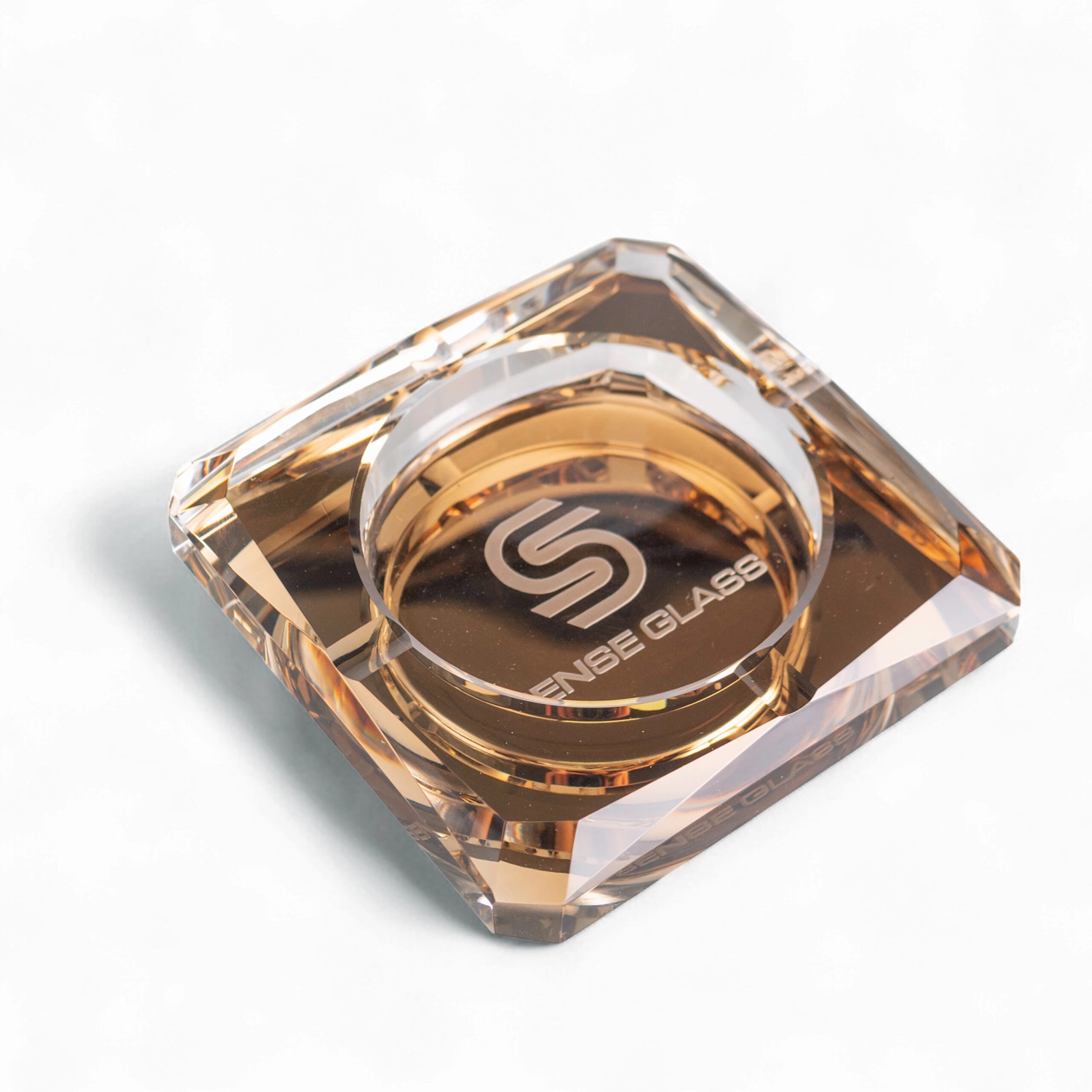 SENSE GLASS Crystal Square Glass Ashtray - Amber, gift box open