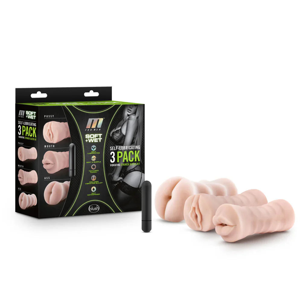 M For Men By Blush® | 3-Pack Self-Lubricating Vanilla Vibrating Masturbator / Stroker