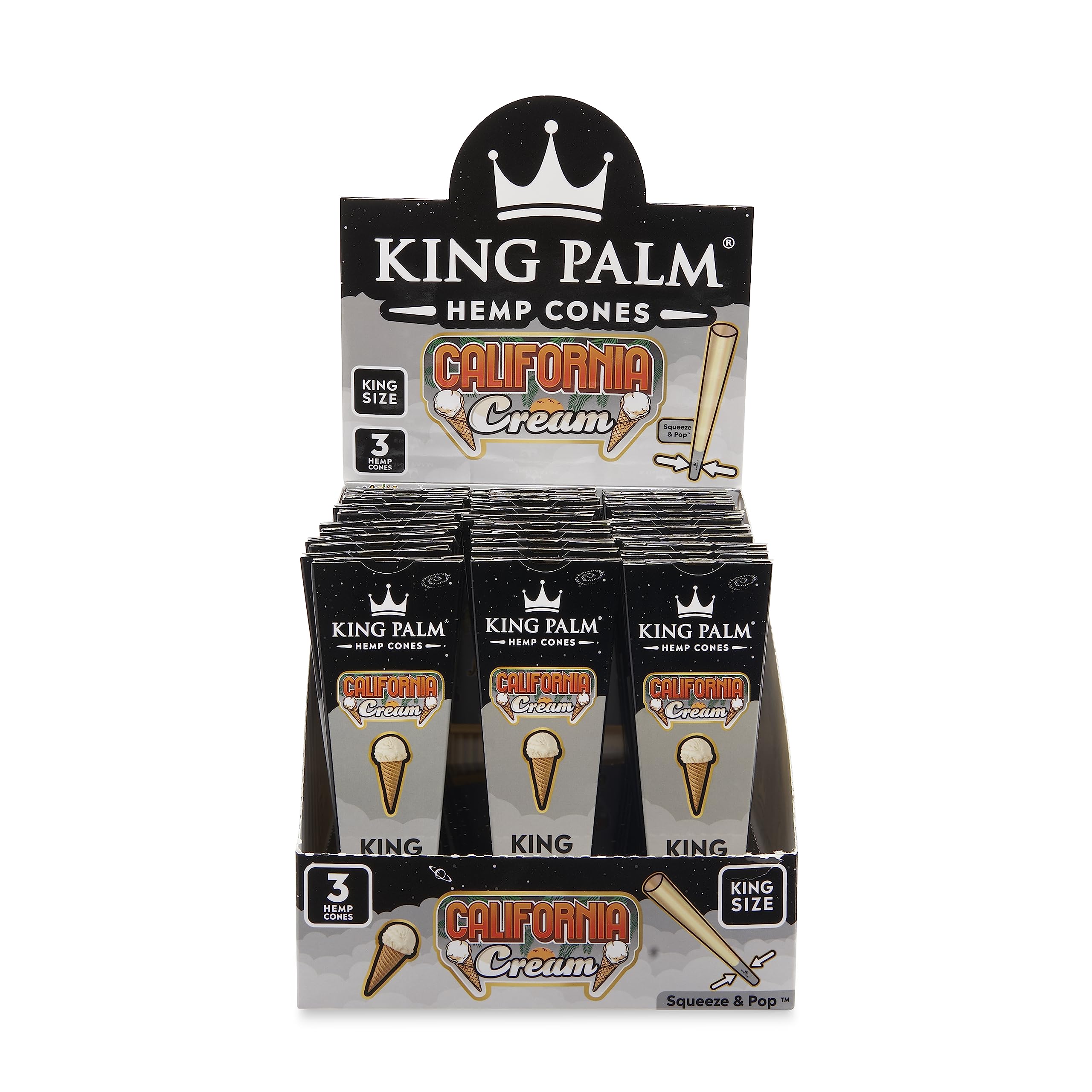 King Palm - KING SIZE Hemp Cones - 3 Counts Per Pack - 30 Packs Per Box