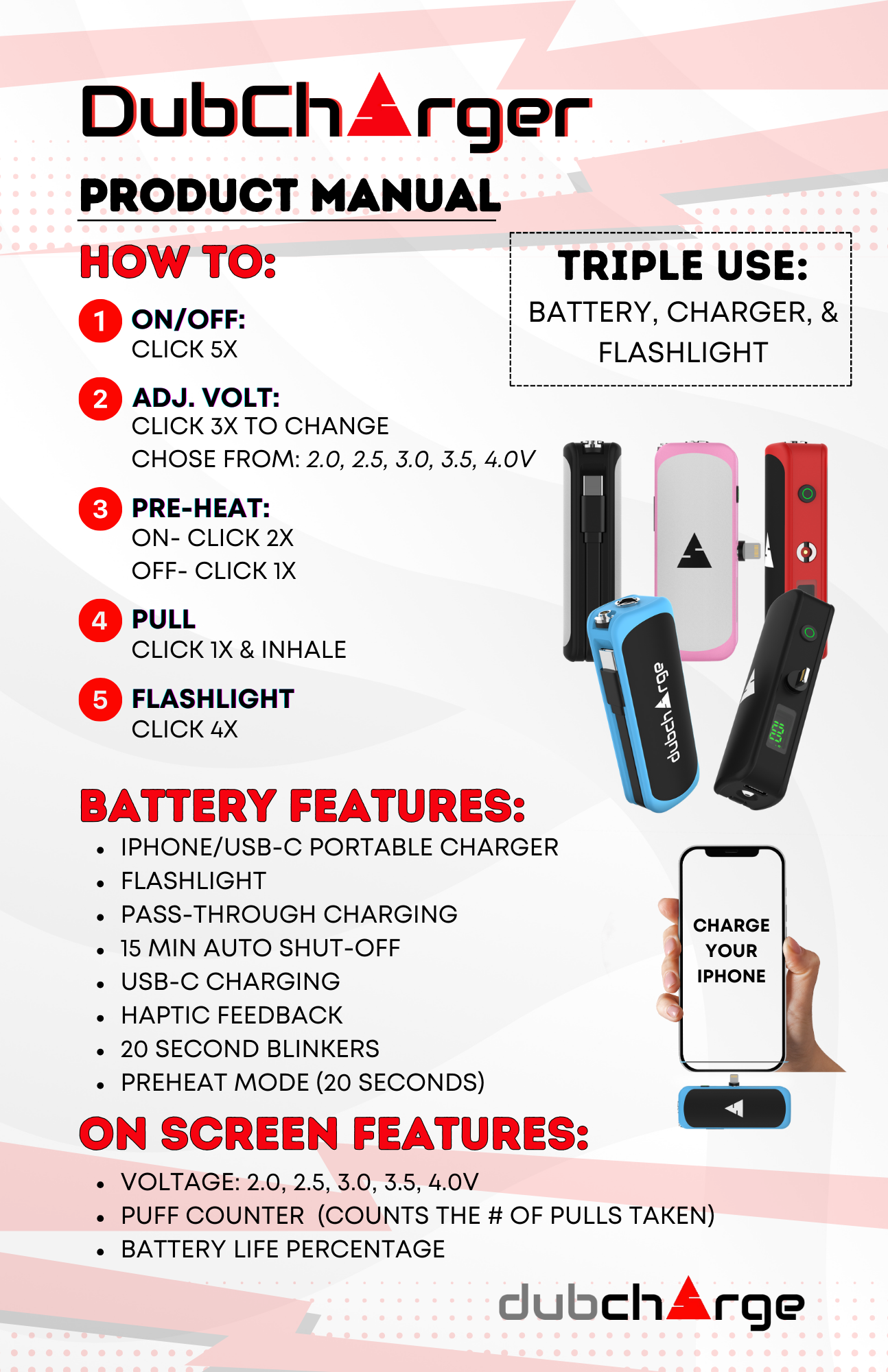 The DubCharger - Portable Vape Battery Charger / Flash Light / 510 Thread Battery