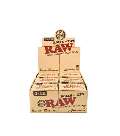 Raw Classic King Size Rolls - 3 Meter + 30 Tips (Single or Box of 12 Pack)