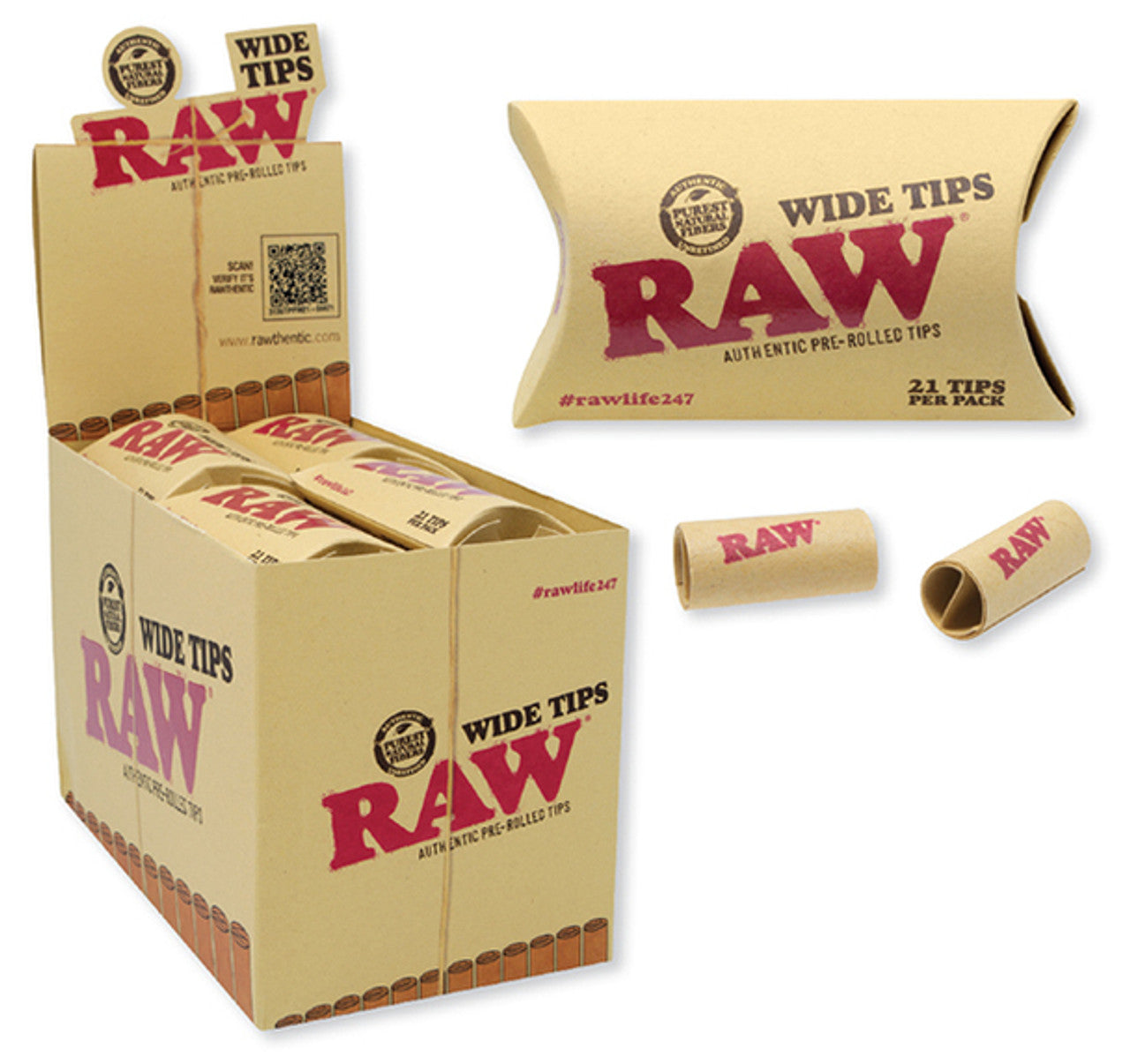 RAW Pre-Rolled Wide Tips: 21 Piece Pack, 20 Pack Box, or 180 Piece Bag