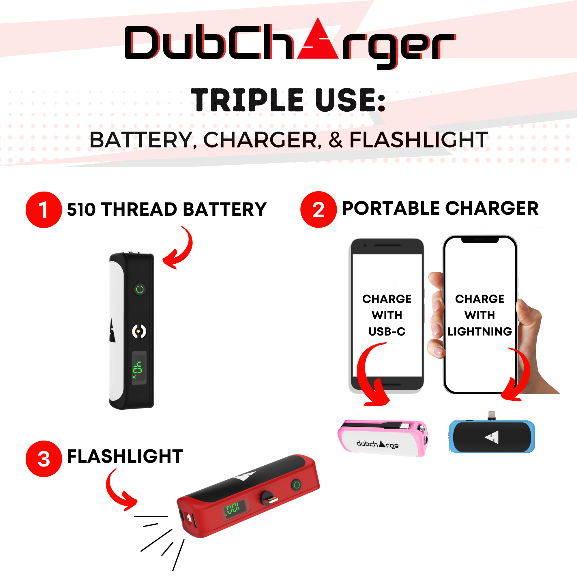 The DubCharger - Portable Vape Battery Charger / Flash Light / 510 Thread Battery