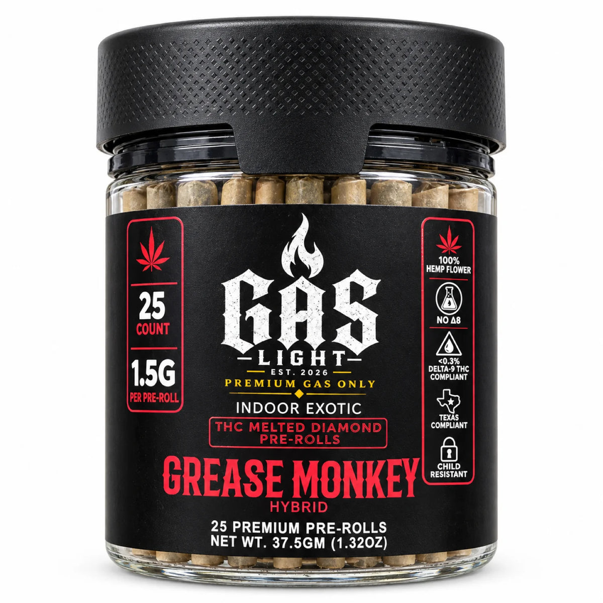 Gas Light THC Melted Diamond Pre-Rolls 1.5g 25ct Jar