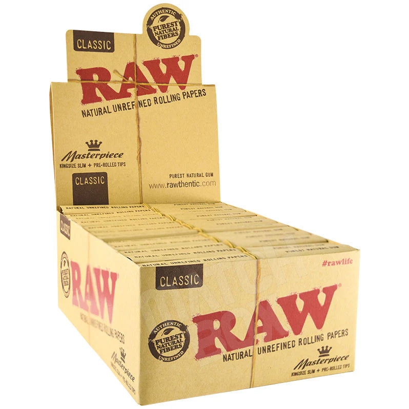 Raw Classic Masterpiece Slim Rolling Papers With Pre Rolled Tips - King Size - 24 Counts Per Box