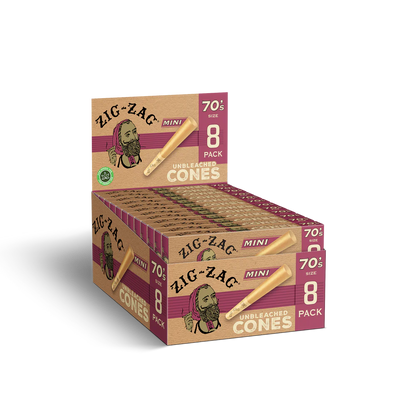 Zig Zag Mini Unbleached Cones 70mm - 8 Cones Per Pack - 18 Packs Per Display