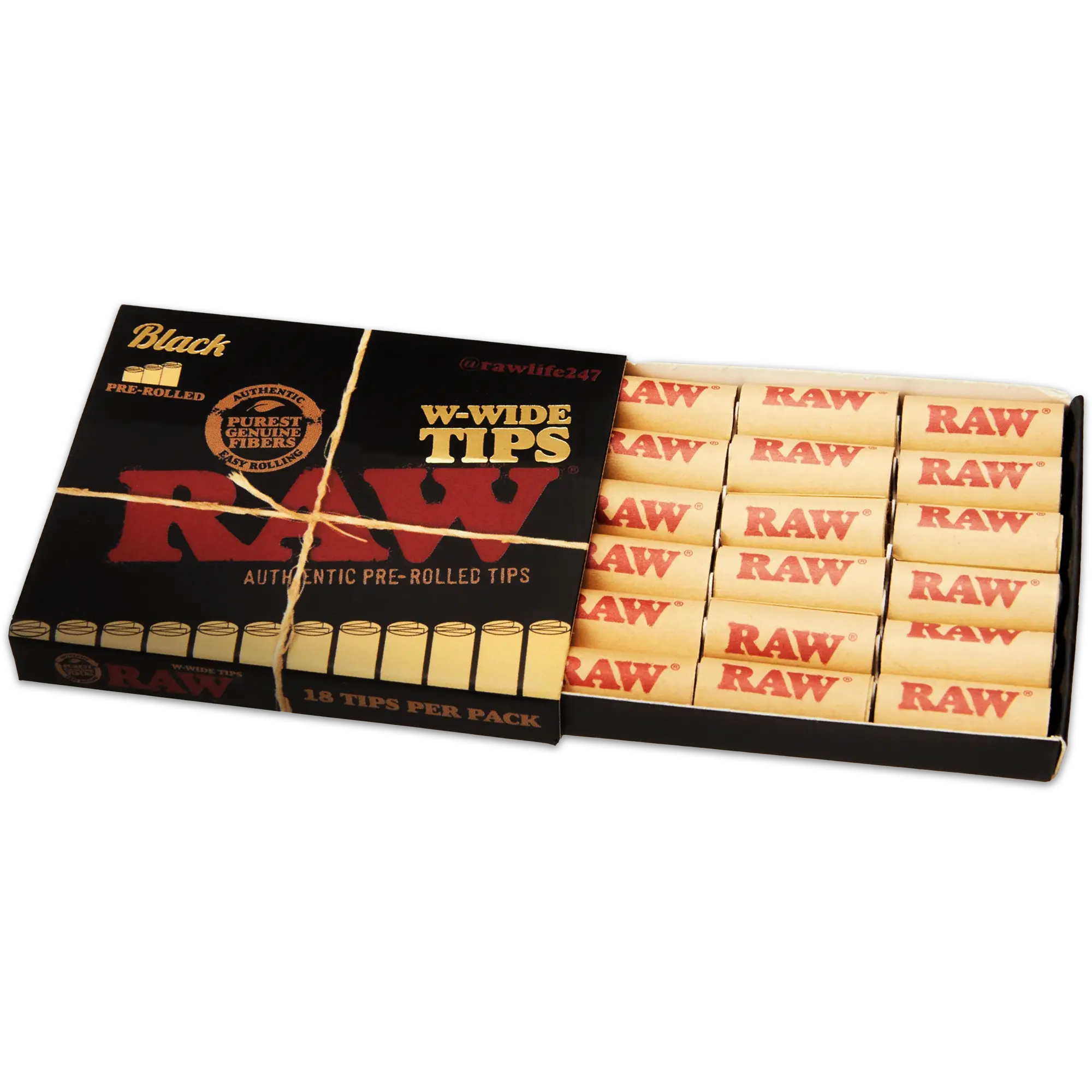 Raw Black - Pre Rolled Wide Tips - 18 Piece Per Pack (Single Pack or Box of 20 Packs)